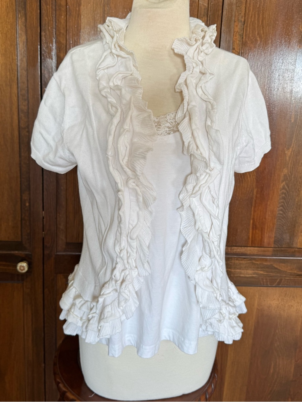 White Ruffle Trim Short Sleeve Open Front Cardigan Cotton Sweater Cozy Coquette